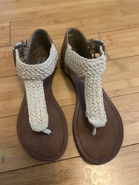 Steve Madden Braided T-Strap Sandals in Beige and Brown
